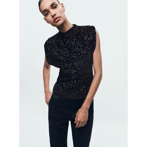 Zara Velvet Sequin Sleeveless Top Mock Neck Party Sparkly Black Small‎ Holiday